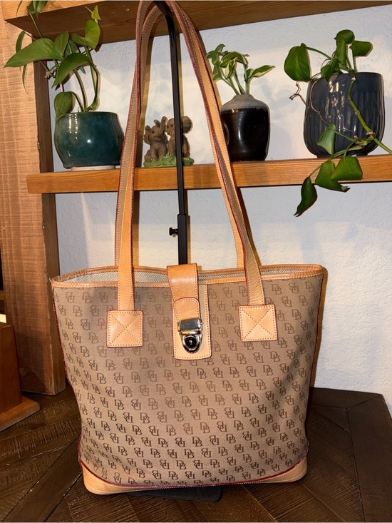 Handbags - Dooney & Bourke Signature DB Canvas Shopper Tote Turn Lock Leather Trim Shoulder